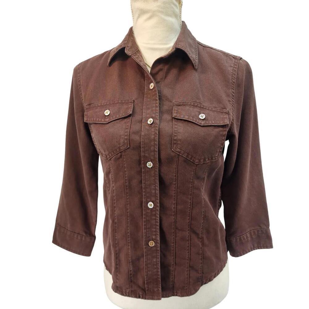 Kate Hill Petite Chocolate Brown Tencel Lyocell Utility Button Down Top PS